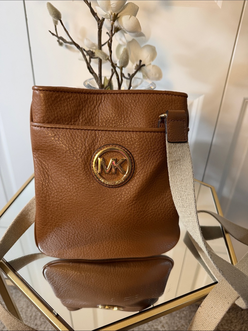 Michael Kors Brown Leather Crossbody with Canvas Strap